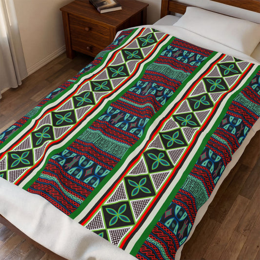 Aqua Red Toghu with Strip Velveteen Plush Blanket