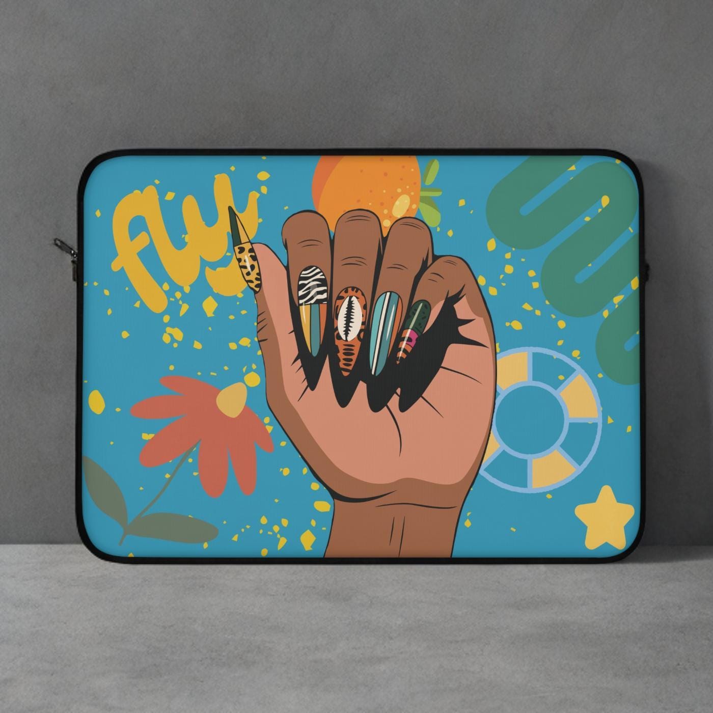A colorful and vibrant illustration of a hand with painted nails, surrounded by various abstract and whimsical elements such as flowers, stars, and geometric shapes.