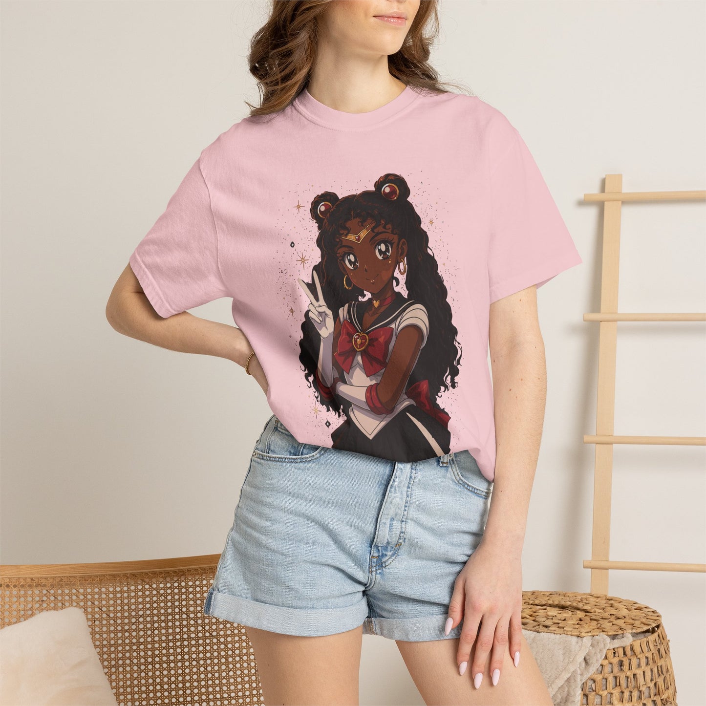 Melanin Magic Anime Tee, Black Anime Girl Shirt, Afro Magical Girl Tee, African Streetwear Graphic, Unisex Garment-Dyed T-Shirt