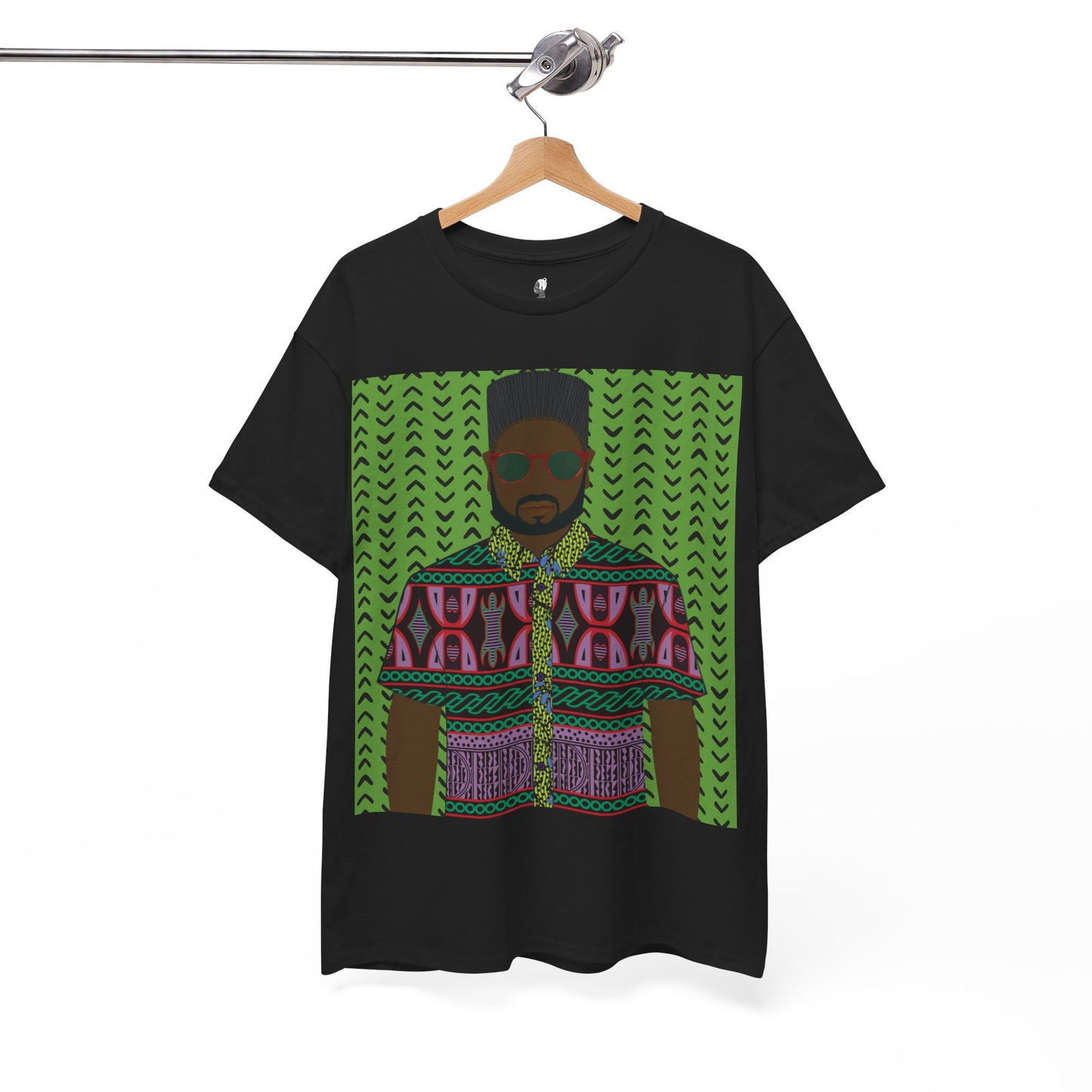 Phillipe(Chocolate) in Purple Toghu on Green Mudcloth Unisex Heavy Cotton Tee