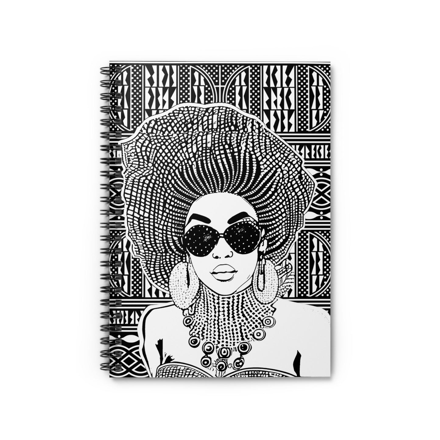 Madame Headtie(BW) - BW Ndop backdrop Spiral Notebook, Front Cover Print - Ruled Lines