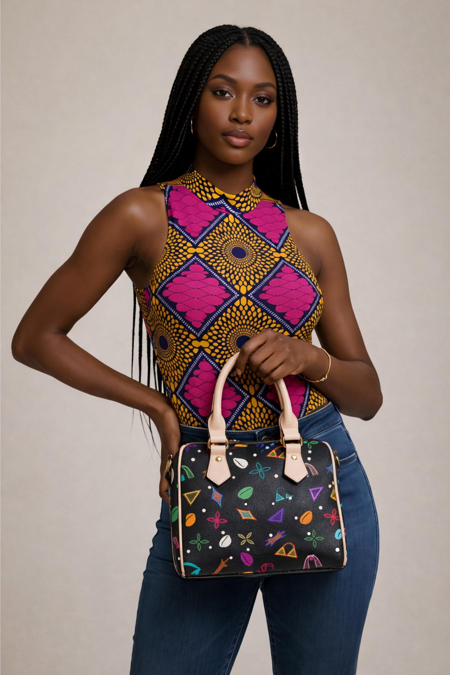 African Pink Ankara Ribbed Stretchy Bodysuit: Sleeveless, Slim Fit with Half-High Collar