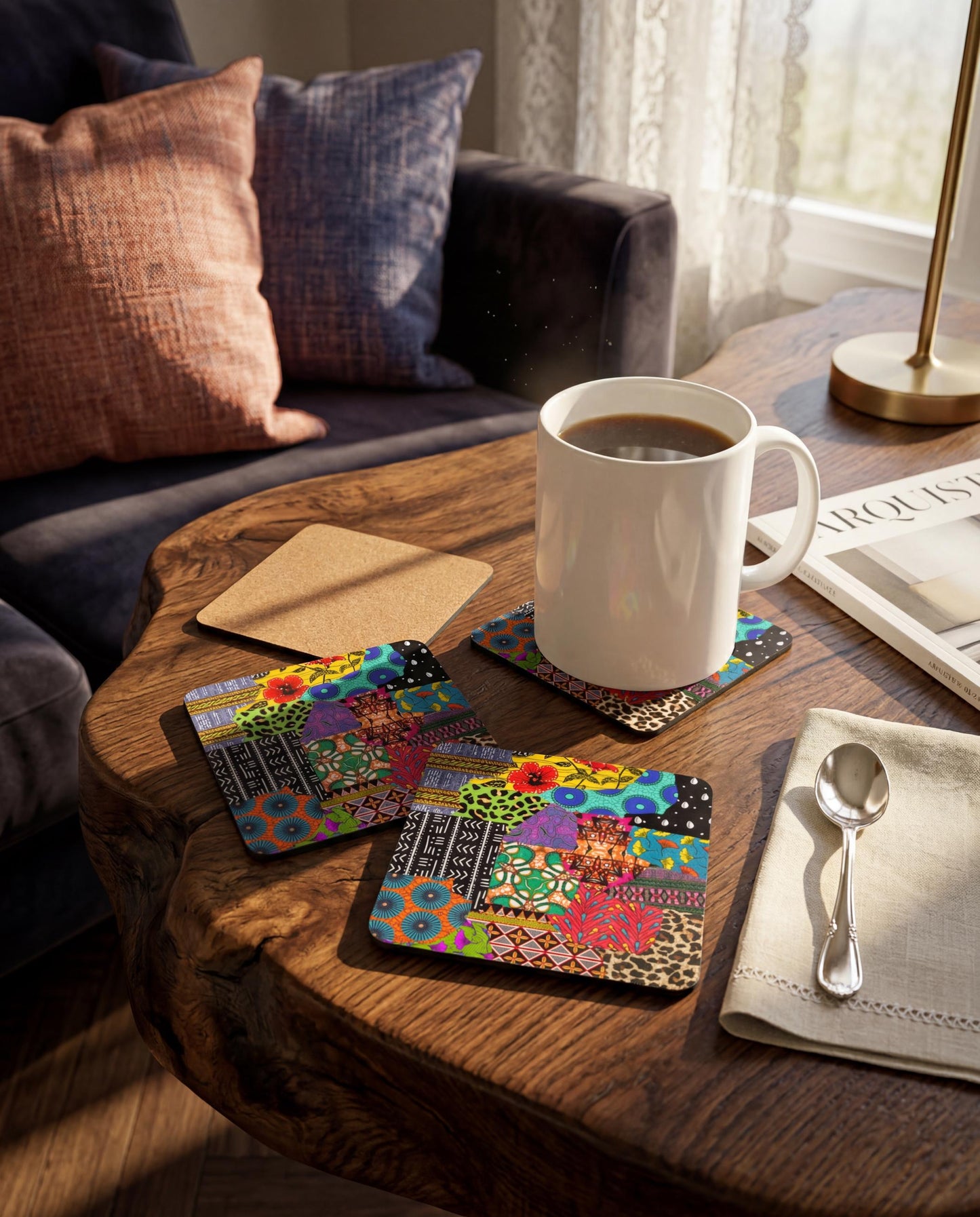 African Print Coasters, Corkwood Coaster Sets, Glossy MDF Set, 3 Designs Available,  Perfect Gift for Mother's Day