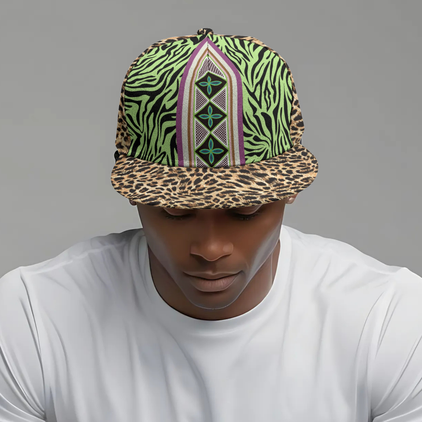 African Print Baseball Hat: Green Zebra, Leopard Toghu Tribal Snapback, Ready to Ship