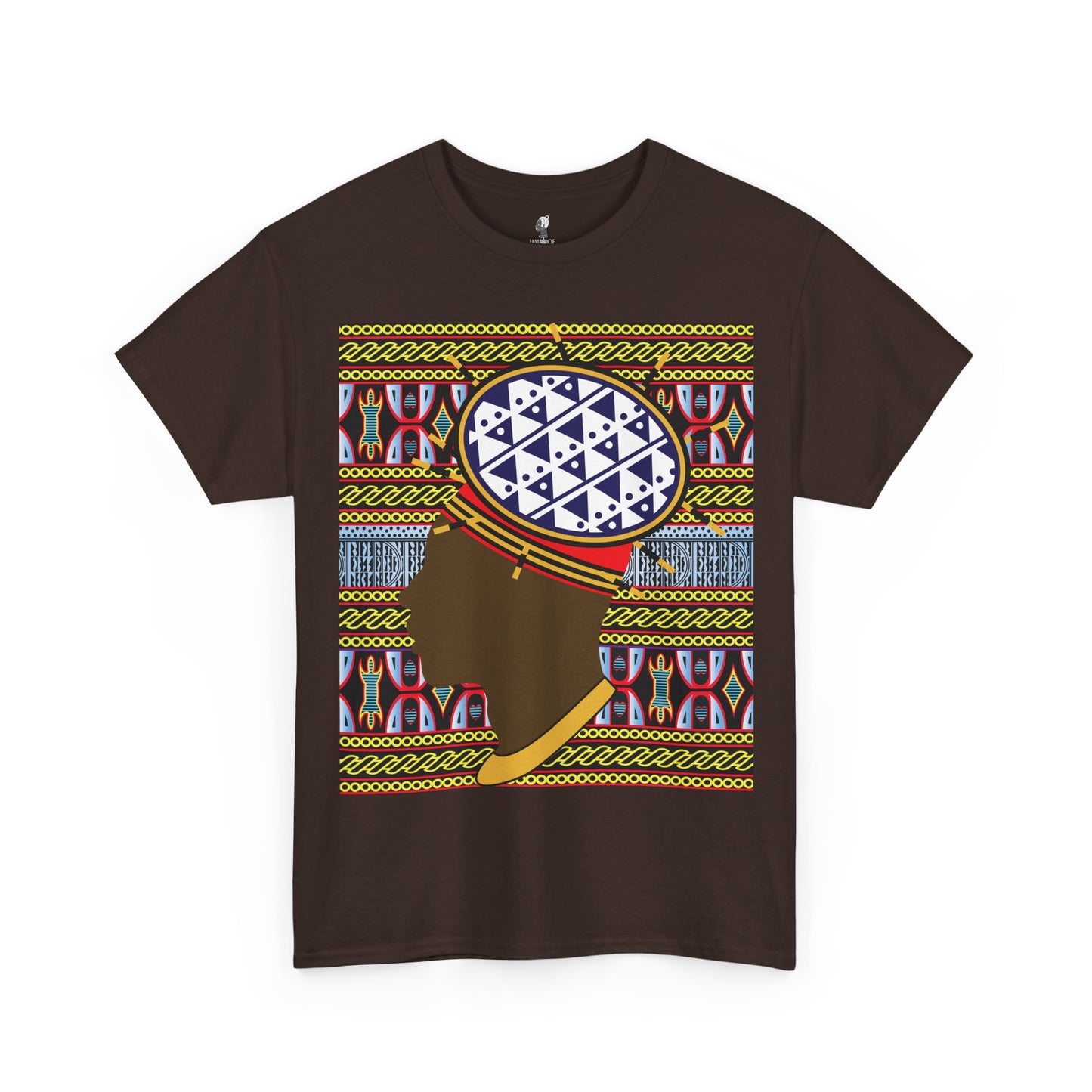 Man in Spiky Bamenda Bamileke Hat Chocolate on Black Mudcloth Unisex Heavy Cotton Tee