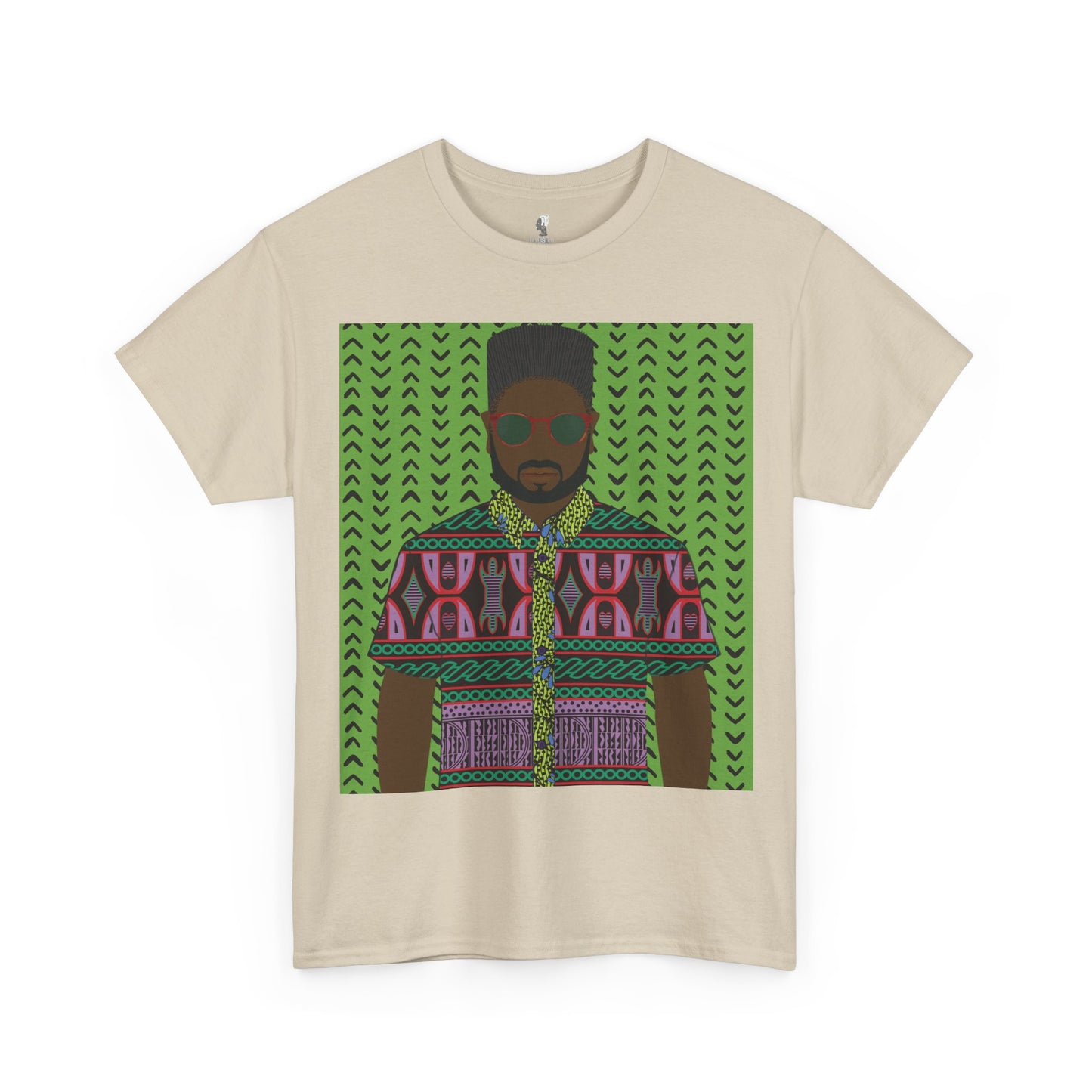 Phillipe(Chocolate) in Purple Toghu on Green Mudcloth Unisex Heavy Cotton Tee