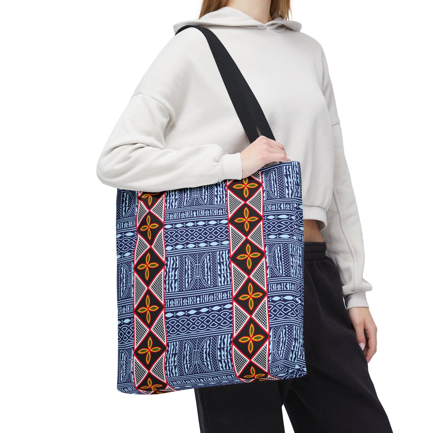 Blue Tribal Ndop Pattern Canvas Tote | Geometric Ethnic Print, Vertical Toghu Stripes