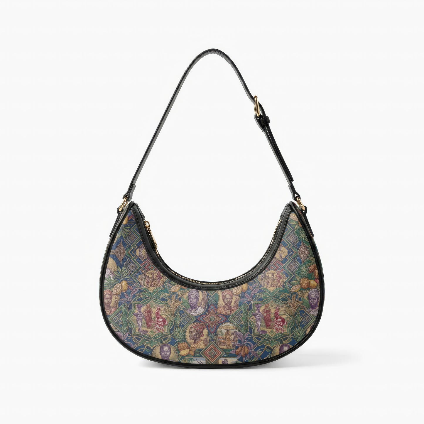 A black handbag with a colorful, printed pattern on the front.