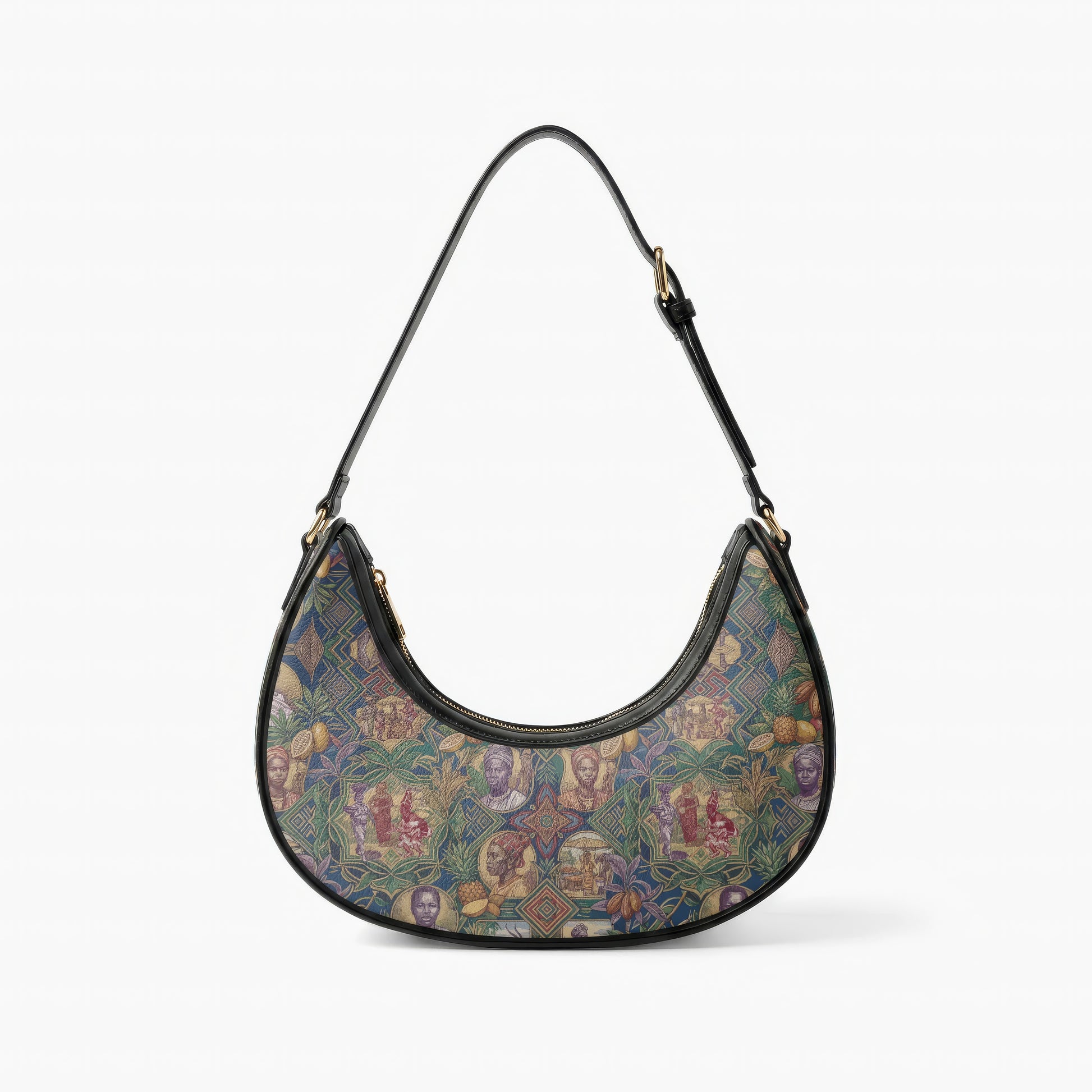 A black handbag with a colorful, printed pattern on the front.