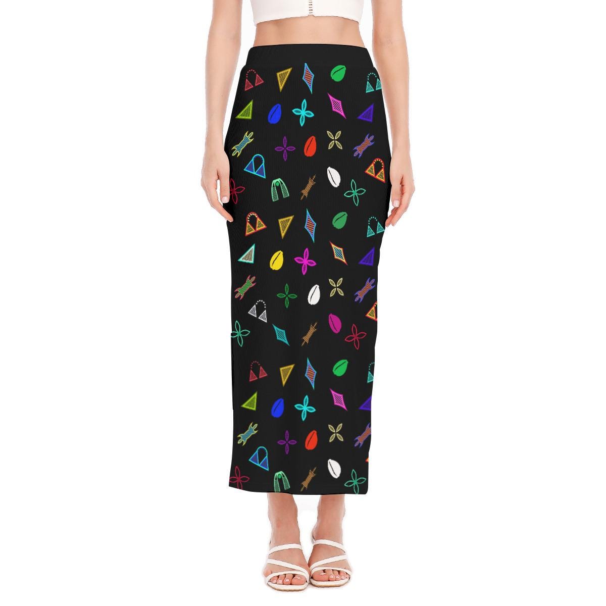 Neon Toghu Shapes Maxi Skirt: Women's Long Side Slit African Fashion, Ready to Ship