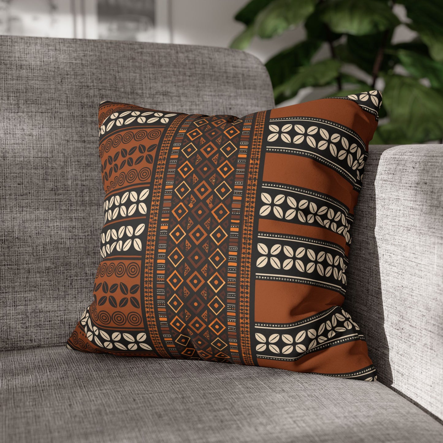 Mudcloth and Cowries  Faux Suede Pillow Case, Square Throw Cushion, Boho Home Decor, Living Room Accent, Bedroom Accessory