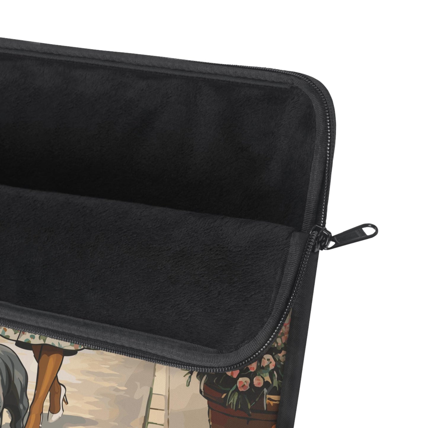 a black laptop sleeve with a floral pattern on it.