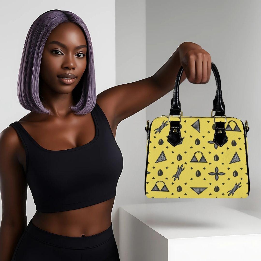 Yellow Vegan Leather Satchel Handbag, Black or Khaki