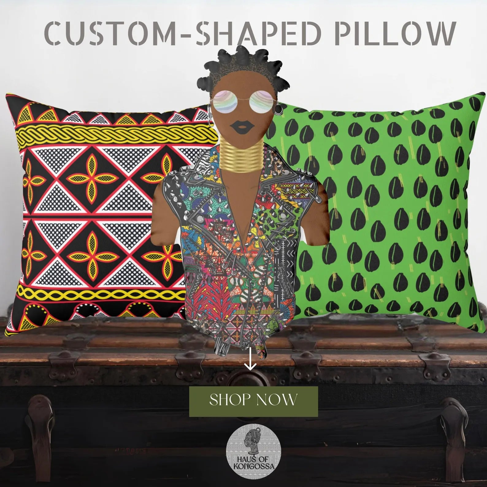 The image is an advertisement for custom-shaped pillows, featuring a stylized illustration of a person wearing a colorful, patterned outfit and sunglasses. The pillows are displayed on a wooden chest, and there is text indicating that the pillows are available for purchase.