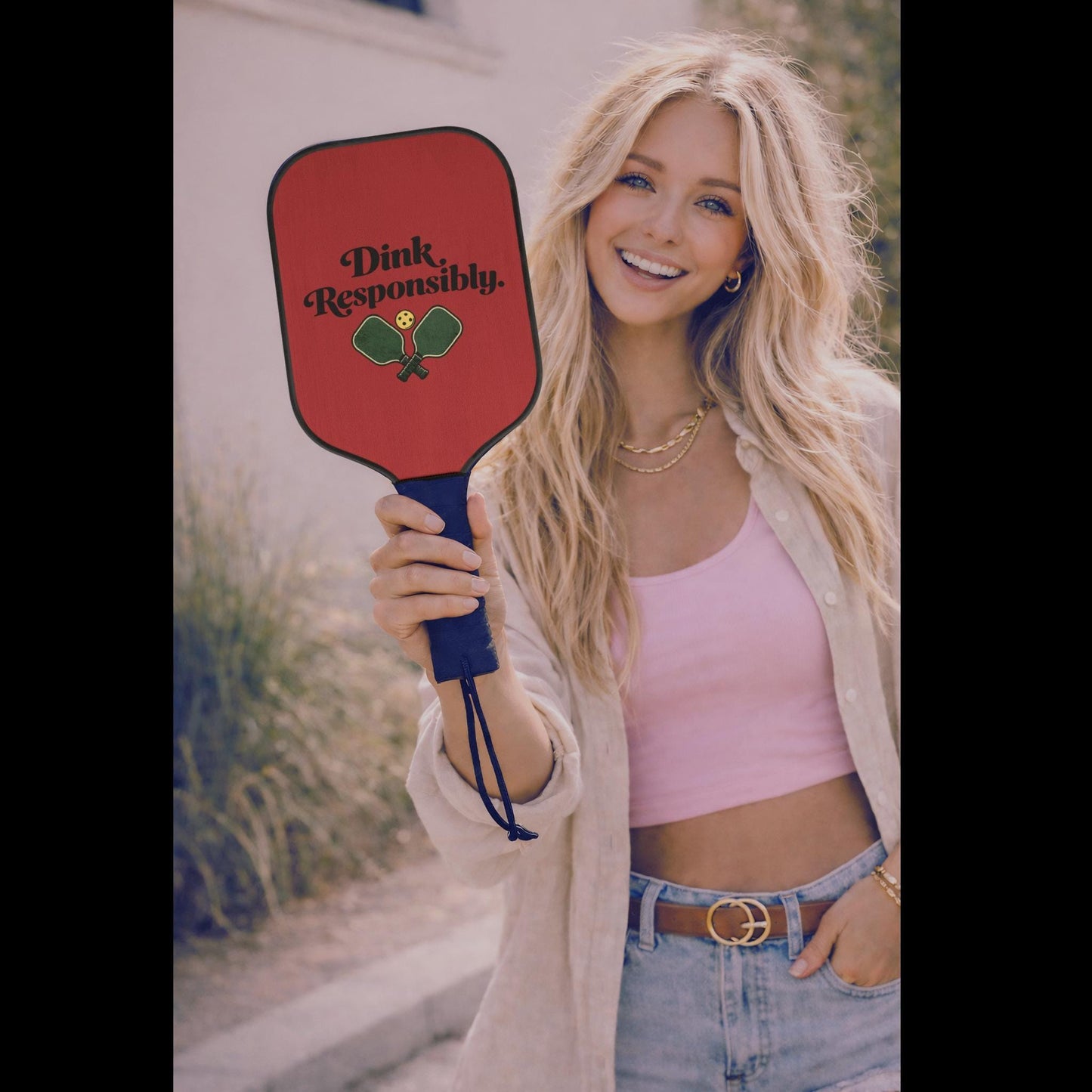 A smiling woman holding a red paddle with the text "Dink Responsibly" on it.