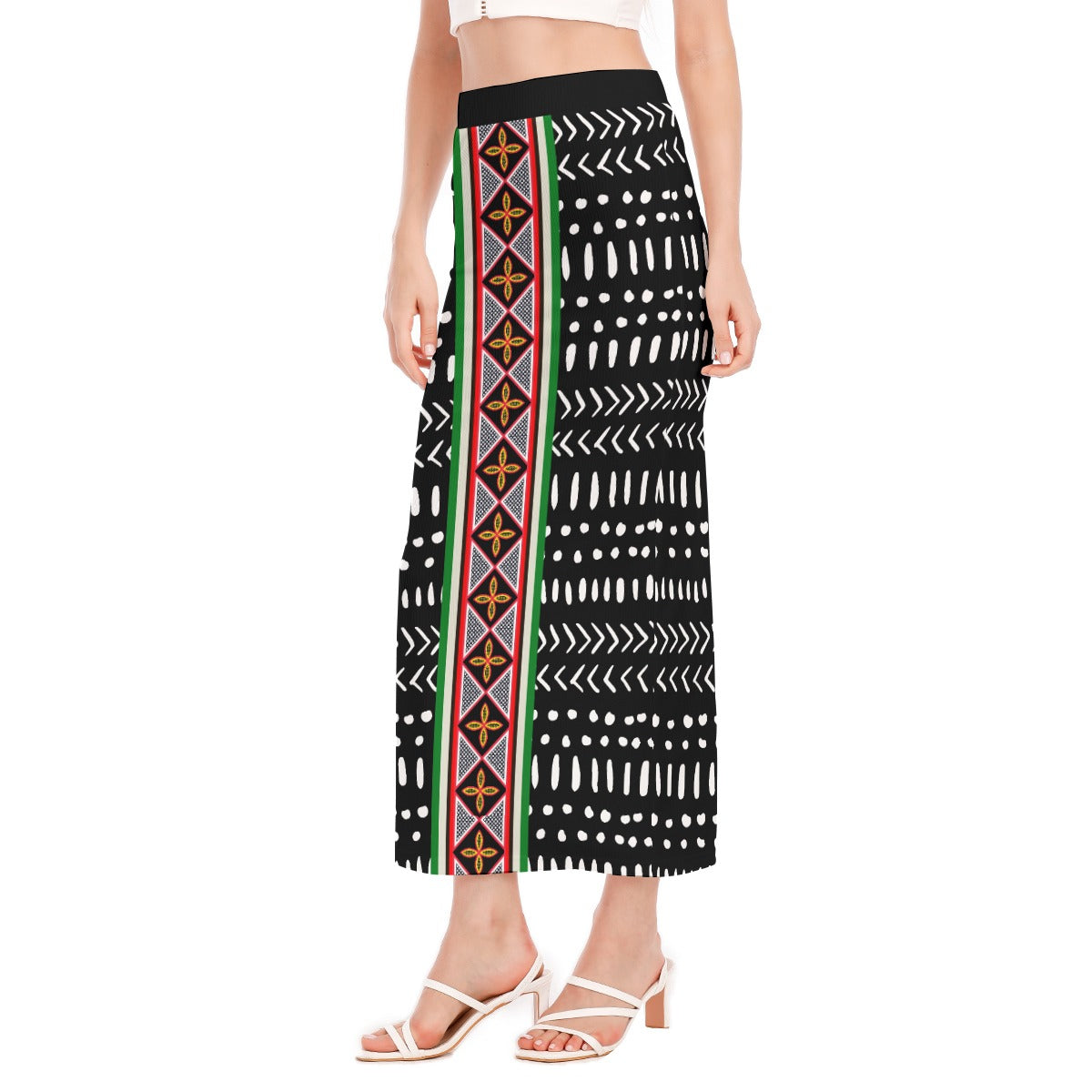 Mudcloth Ribbed Stretchy Maxi Skirt, African Print with Toghu Stripe, Side Slit, Ready to Ship