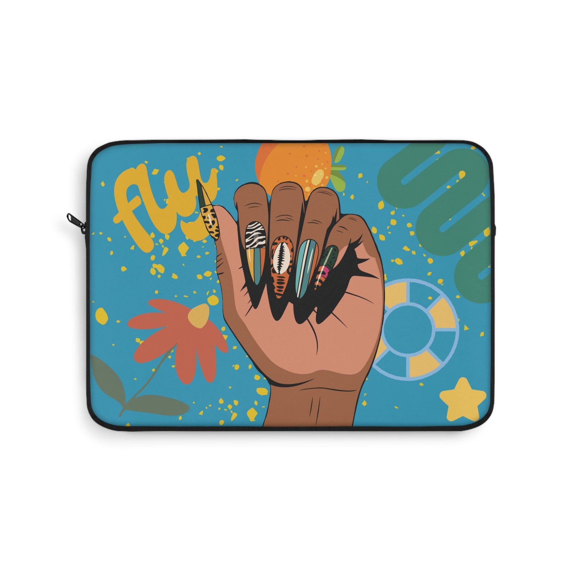 A colorful and vibrant illustration of a hand with painted nails against a blue background, featuring various designs and patterns.