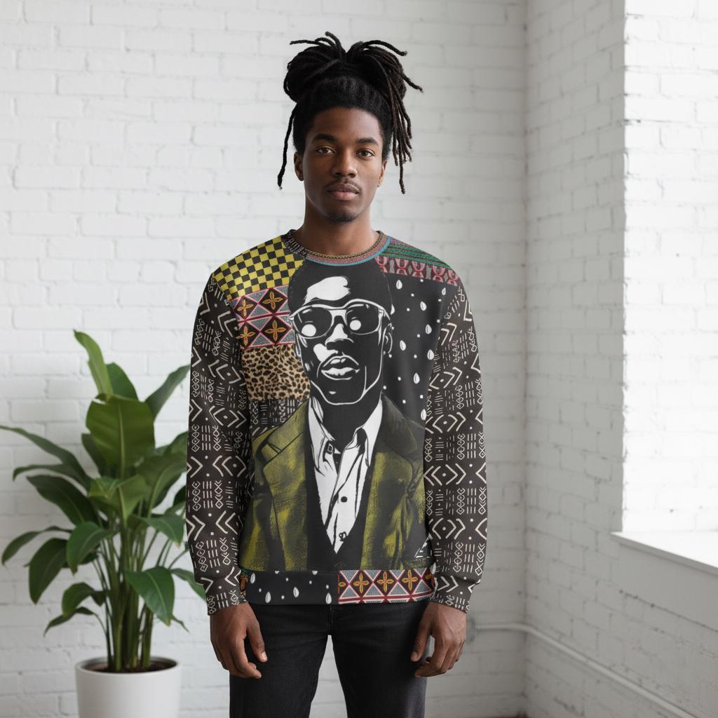 African Patchwork Print Sweatshirt, Nyanga Boy Art, Scuba Fabric