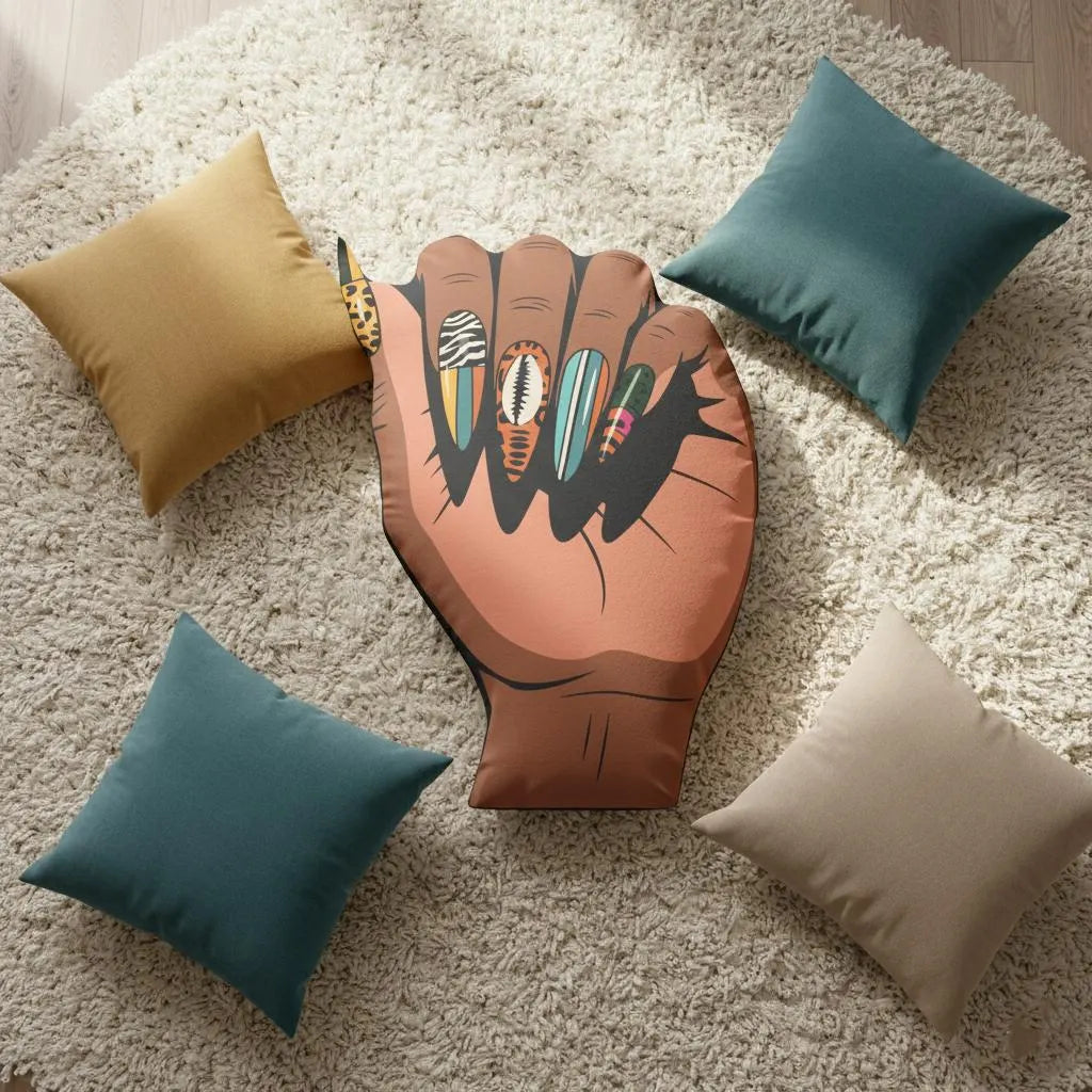 a hand with painted nails, surrounded by four pillows on a white shag rug.