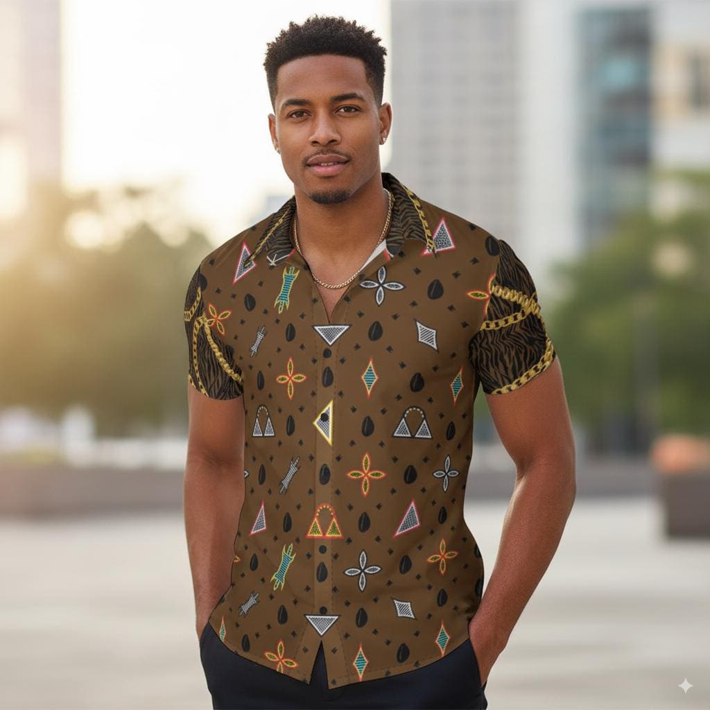 Mens Toghu African Print Button-Up Shirt: Deep Brown Zebra