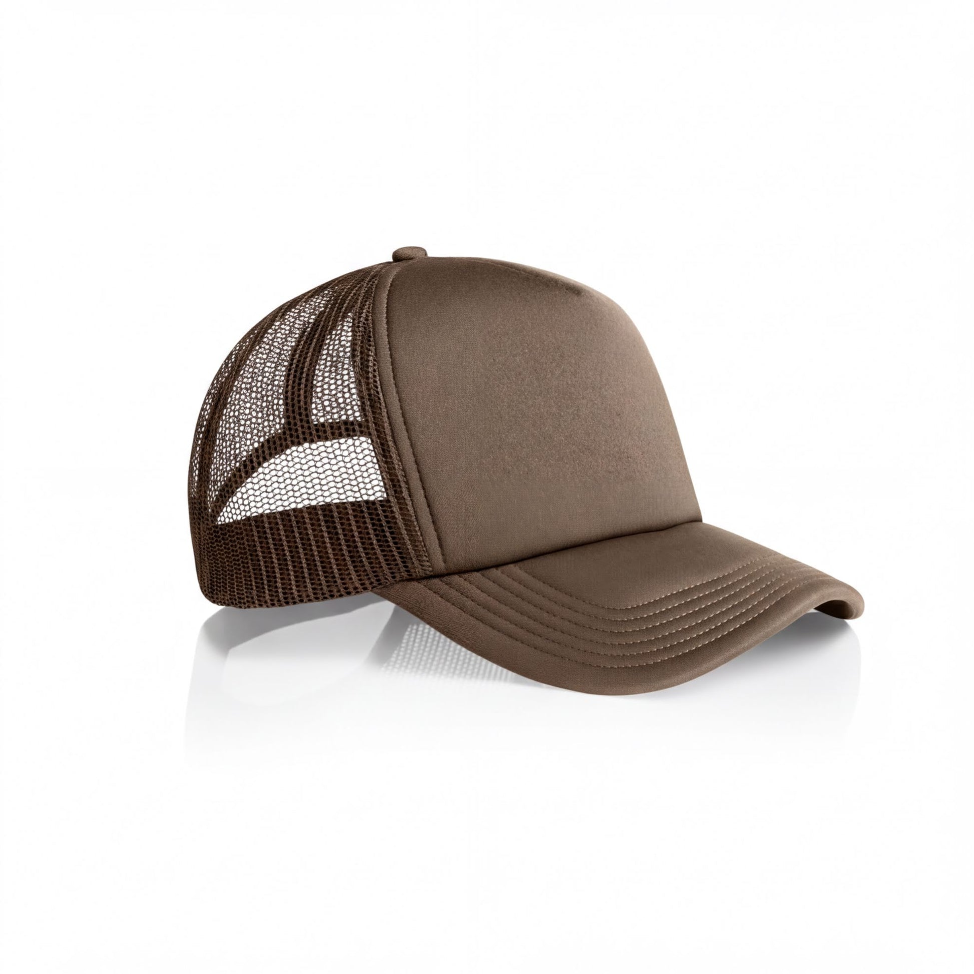 A brown baseball cap with a mesh back, displayed against a white background.
