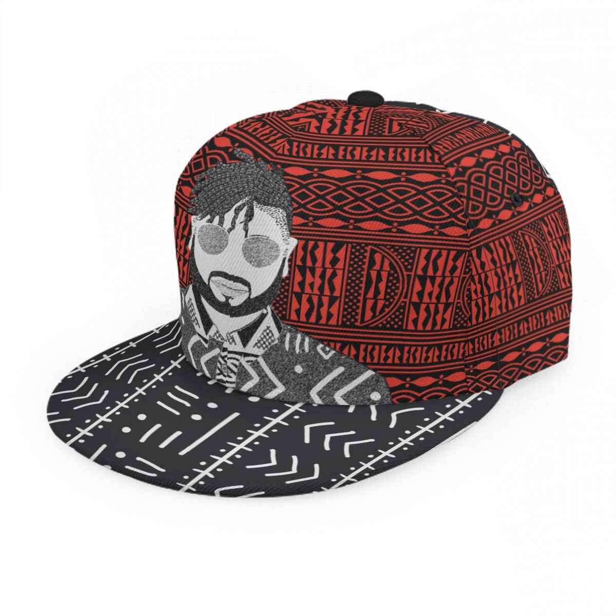 African Print Snapback Hat: Red Ndop & Mudcloth Flat Brim