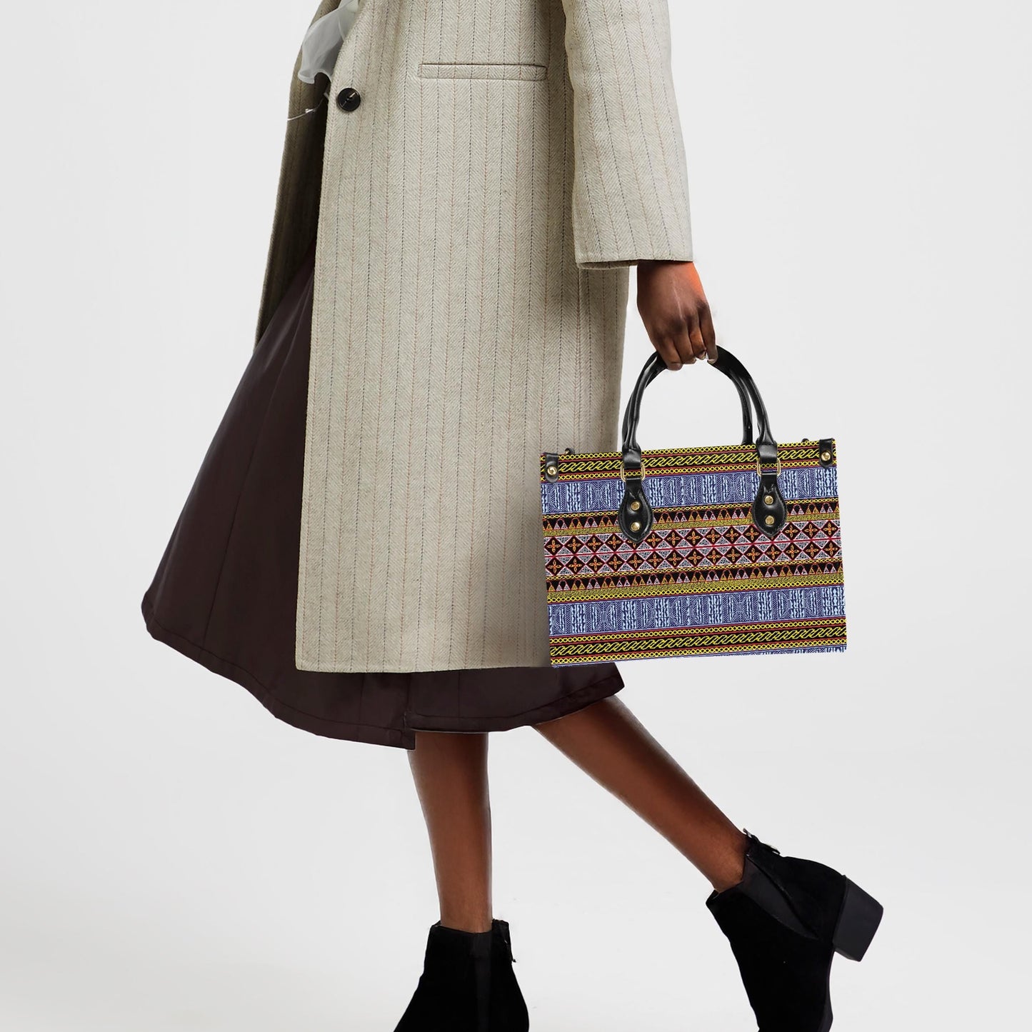 African Print Vegan Leather Tote Bag: Toghu and Ndop & BW Bells Design