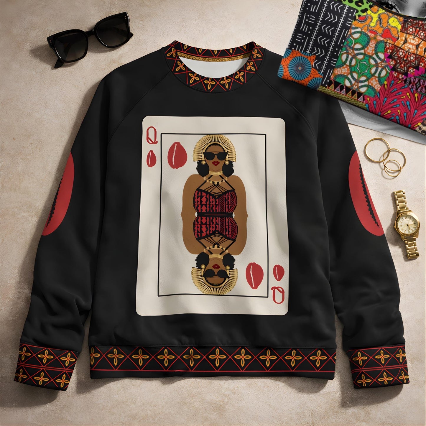 Queen of Cowries Soft Cotton Blend Unisex Crewneck Sweatshirt, with Toghu Accents