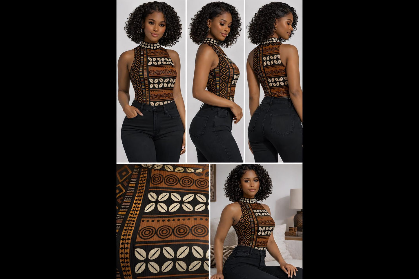 Mudcloth & Cowries Sleeveless Bodysuit, Stretchy Ribbed Lightweight Fabric