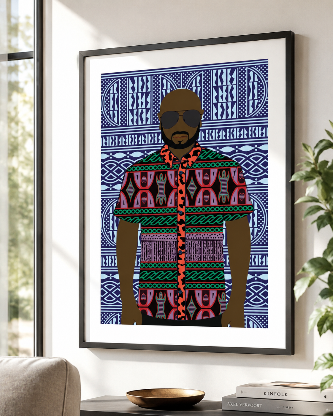 a framed illustration of a man wearing a colorful, patterned shirt with a bold, geometric design.