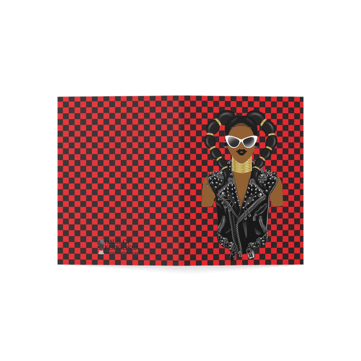 Horn Lady Biker Jacket - Red checkers  Green African Greeting Cards (1, 10pcs)