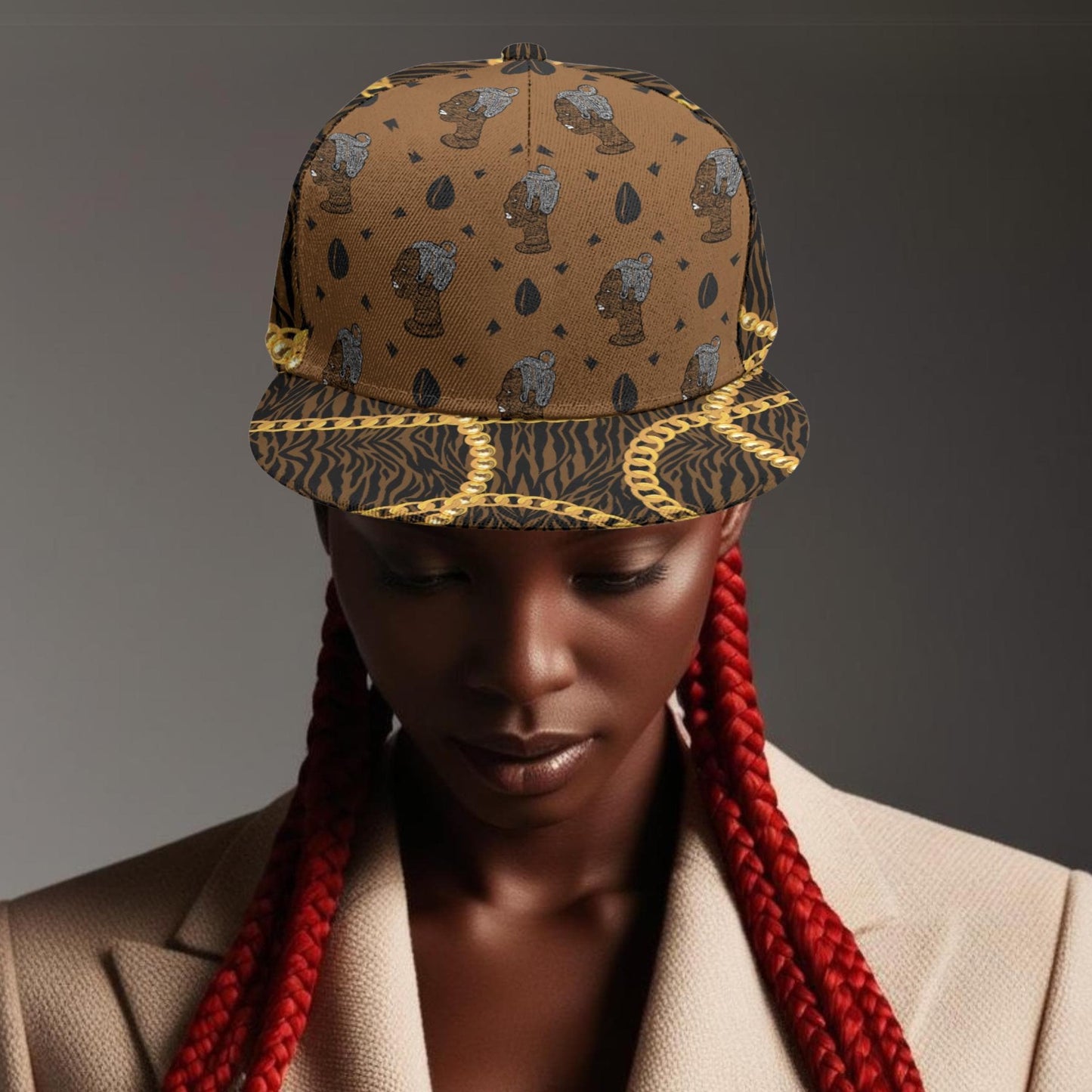 African Print Snapback Hat: Designer Brown, HOK Lady Logo with Zebra and Gold Chains Baseball Cap