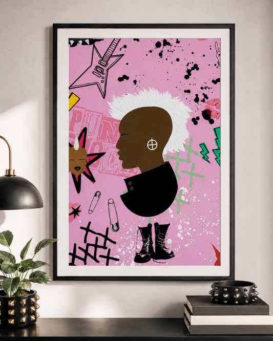 The image is a framed poster featuring a stylized profile of a person with a mohawk hairstyle, surrounded by various colorful and abstract elements such as a guitar, stars, and splatters.