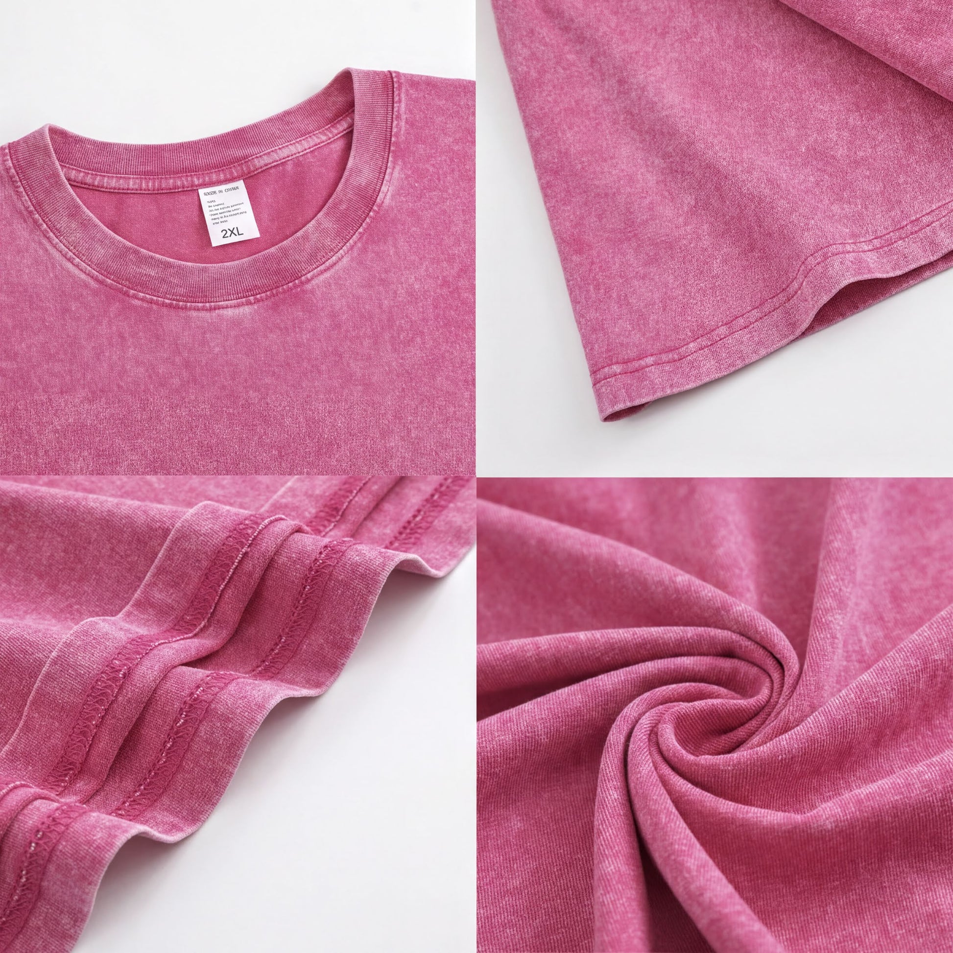 The image is a collage of four photos showing different aspects of a pink fabric, including the collar, sleeves, texture, and folds.