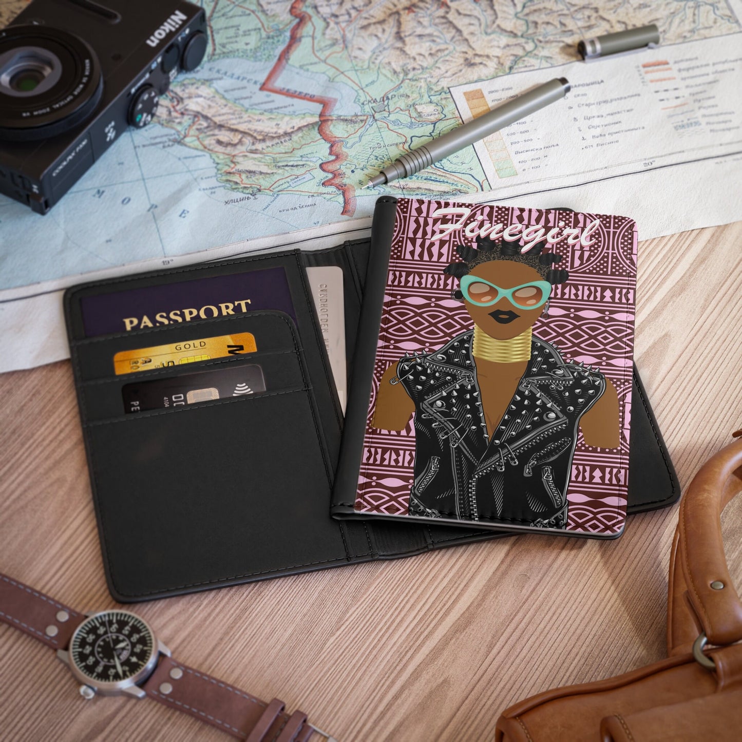 Finegirl - Bigidi Hair and Motorcycle Jacket - Pink Ndop with green glasses - Passport Cover