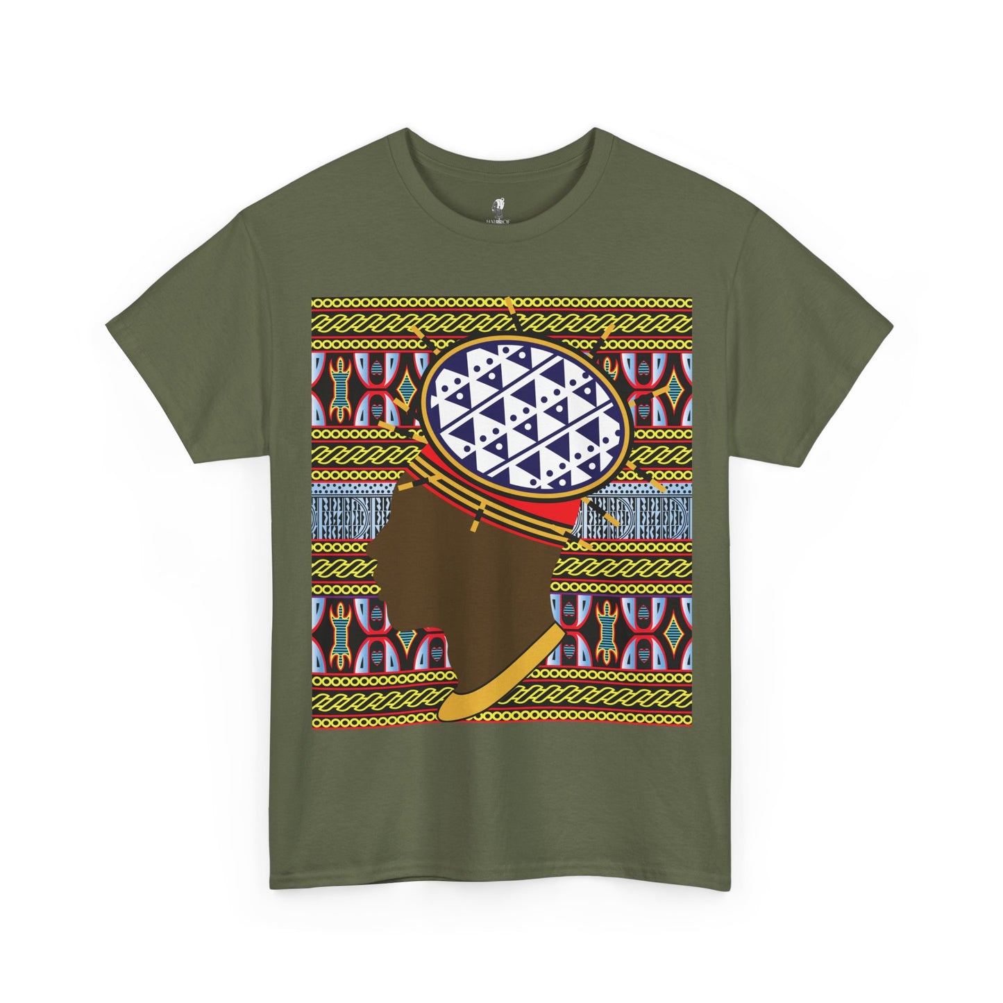 Man in Spiky Bamenda Bamileke Hat Chocolate on Black Mudcloth Unisex Heavy Cotton Tee