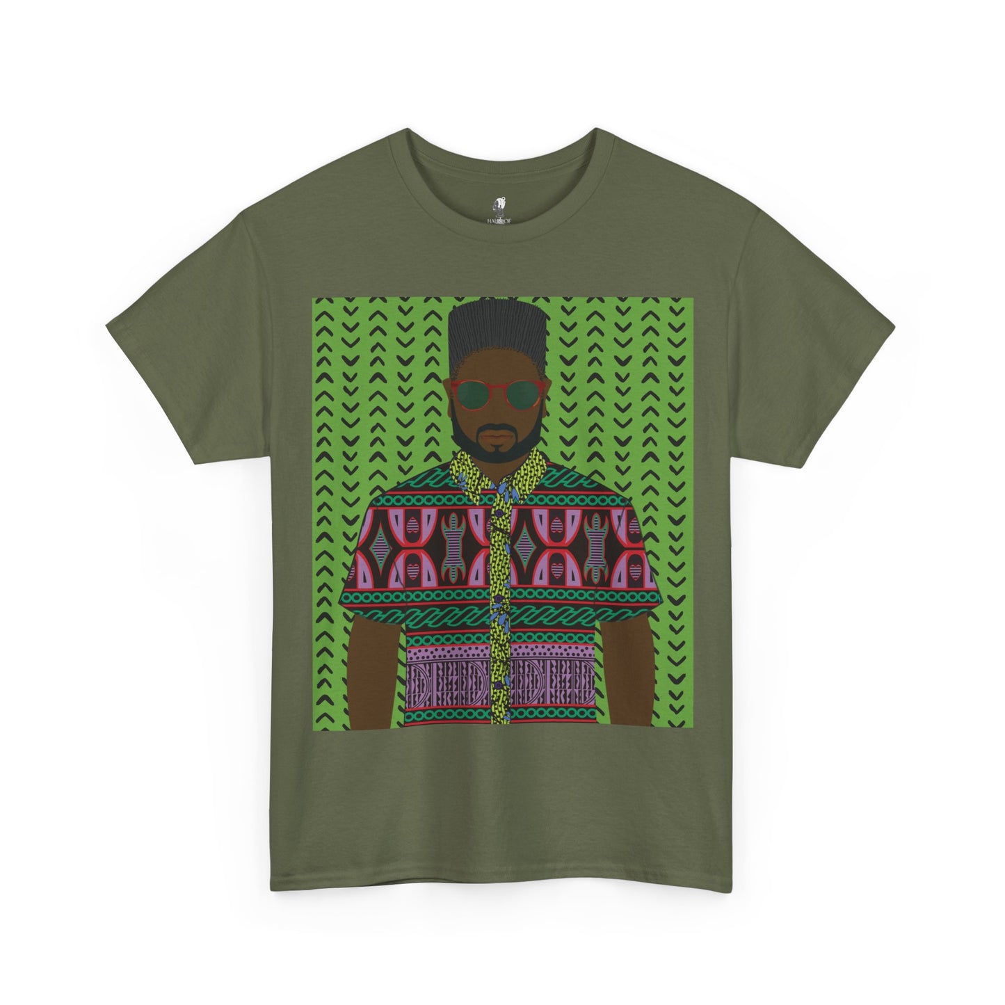 Phillipe(Chocolate) in Purple Toghu on Green Mudcloth Unisex Heavy Cotton Tee