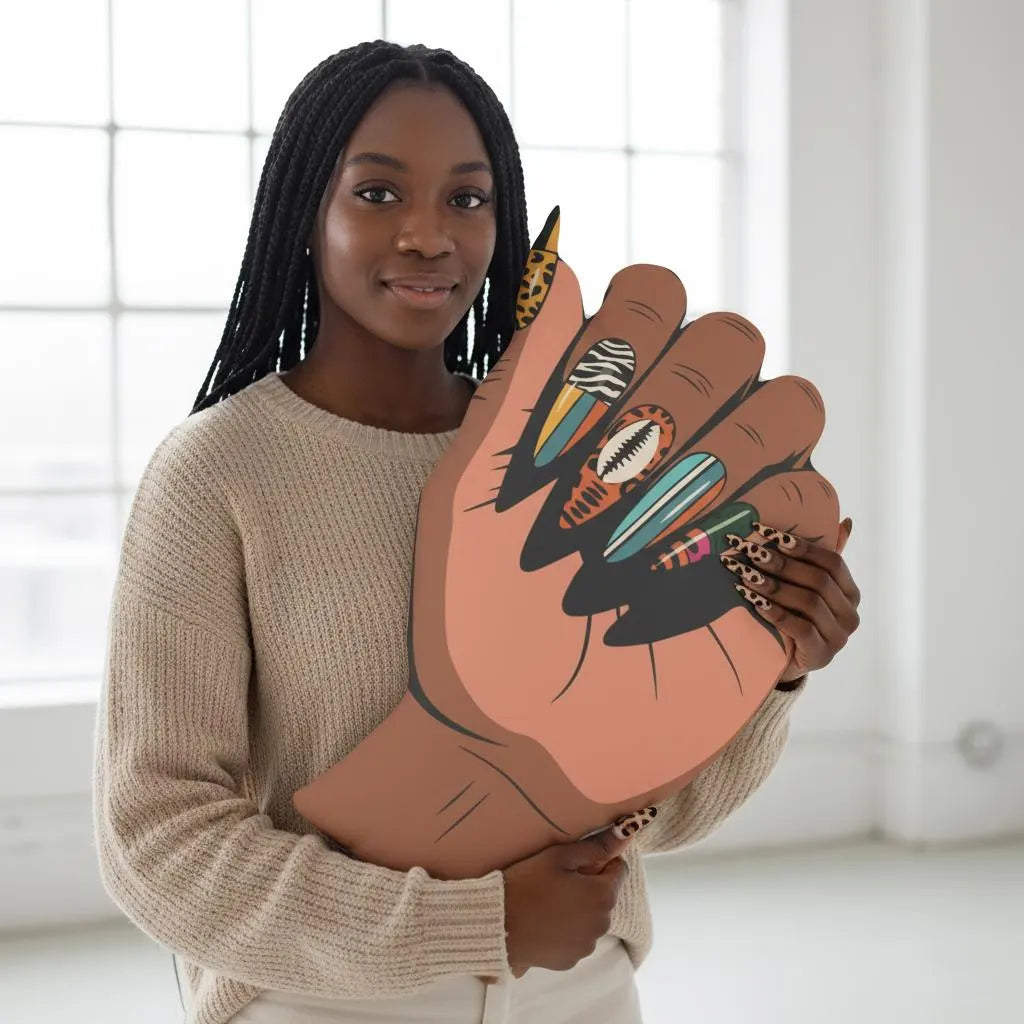 A woman with braided hair is holding a large cardboard cutout of a hand with colorful nail polish designs.