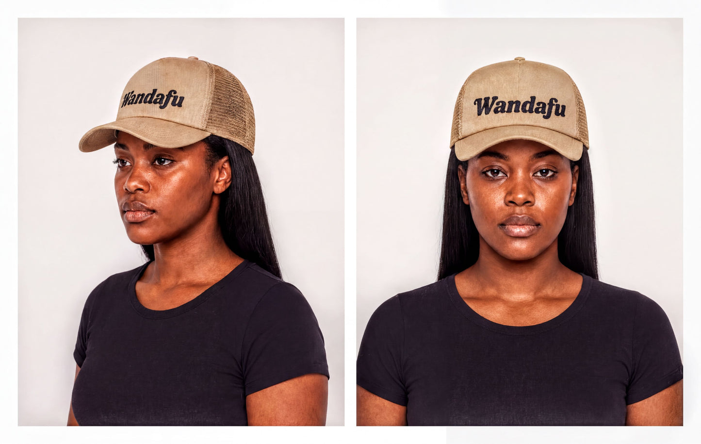 The image is a collage of two photos of a woman wearing a tan baseball cap with the word "Wandafu" printed on it.