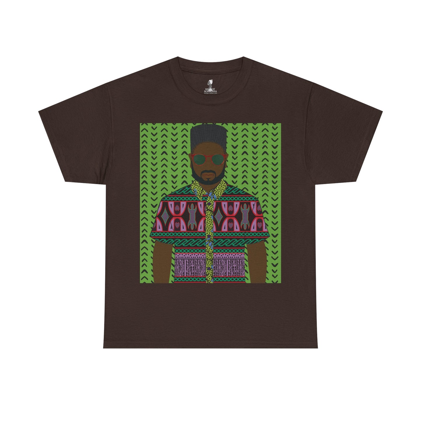 Phillipe(Chocolate) in Purple Toghu on Green Mudcloth Unisex Heavy Cotton Tee