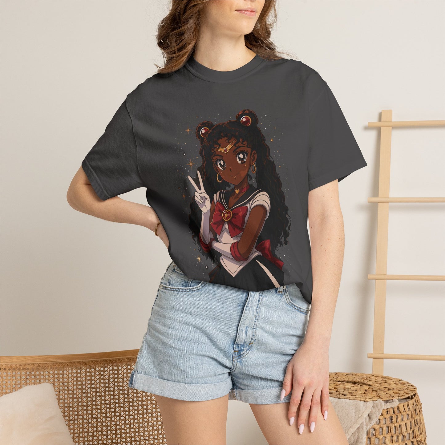 Melanin Magic Anime Tee, Black Anime Girl Shirt, Afro Magical Girl Tee, African Streetwear Graphic, Unisex Garment-Dyed T-Shirt