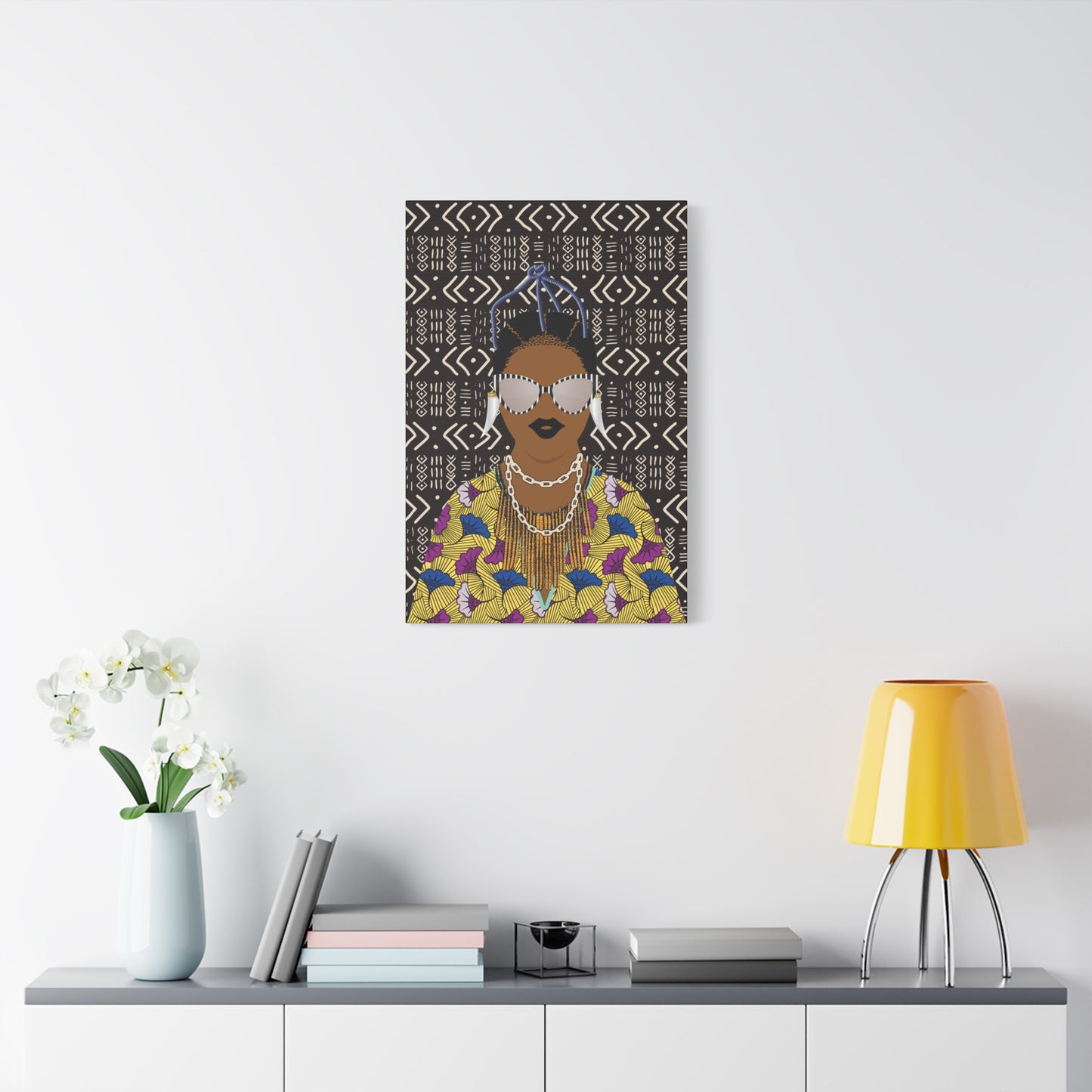 Manyi in Floral on Mudcloth Matte Canvas, Stretched, 1.25" Modern African Art Print, Stylish Home Decor