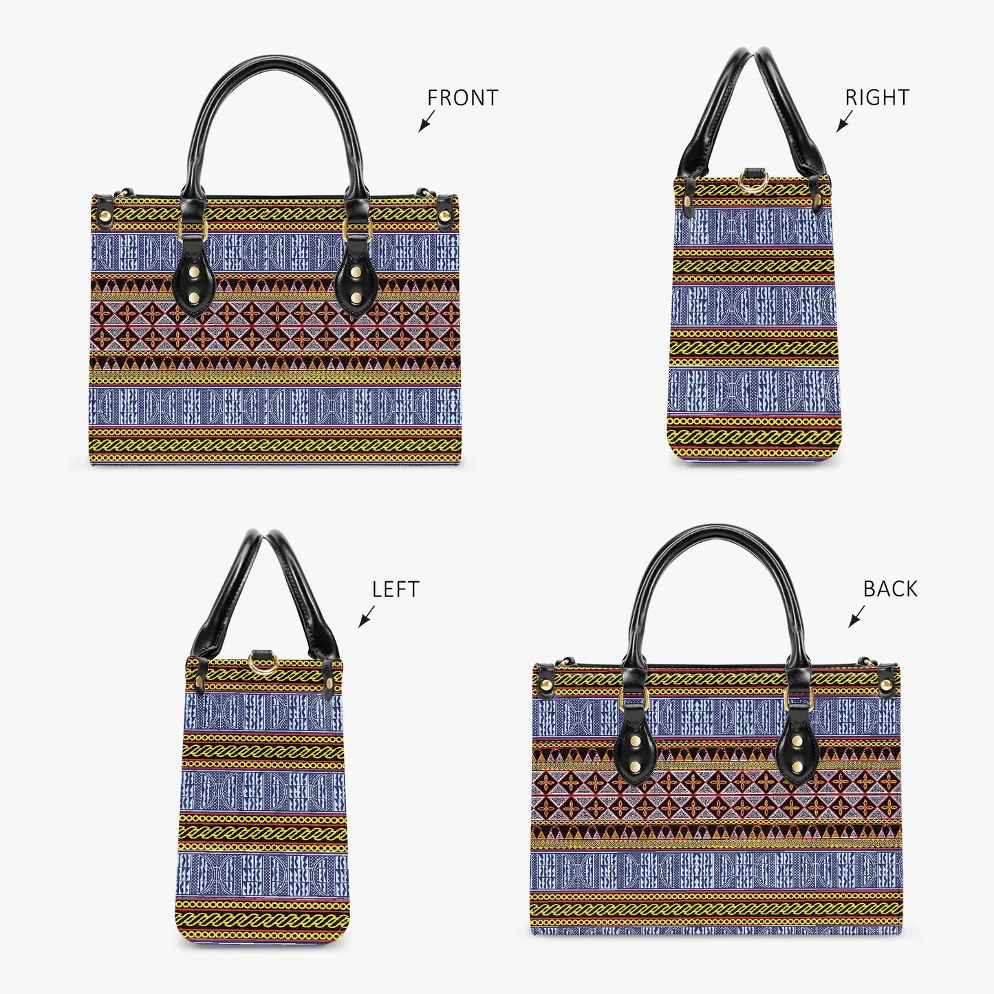 African Print Vegan Leather Tote Bag: Toghu and Ndop & BW Bells Design