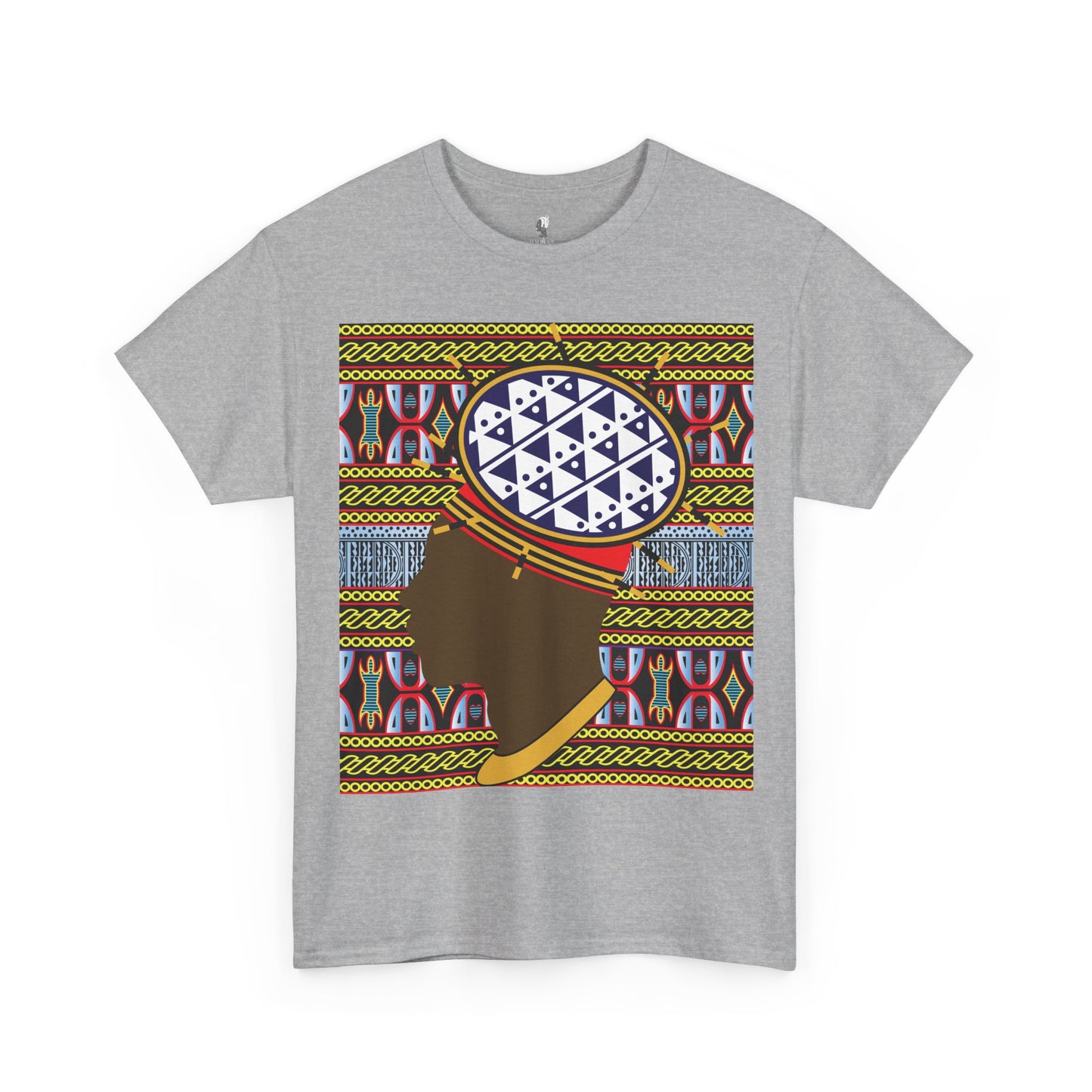 Man in Spiky Bamenda Bamileke Hat Chocolate on Black Mudcloth Unisex Heavy Cotton Tee