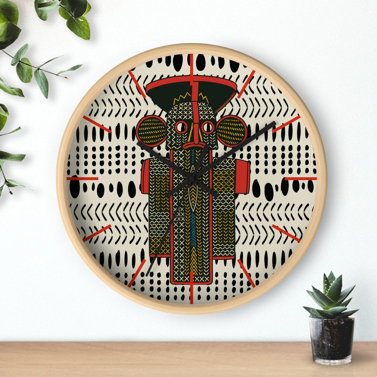 Cameroon Elephant Mask on Mudcloth Wood Wall Clock Perfect