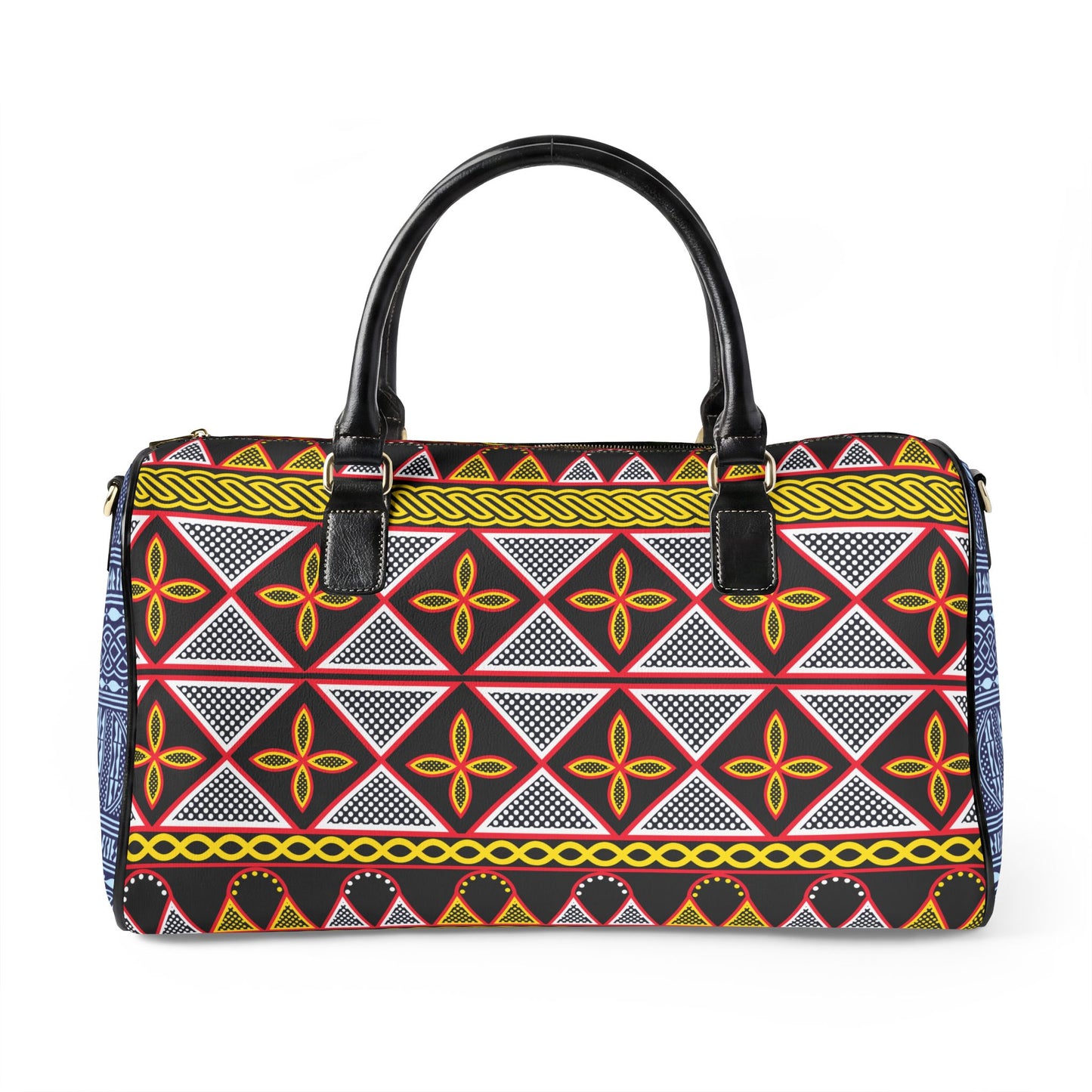 NEW Vegan Leather Travel Bag, Yellow Toghu with Blue Ndop Sides print