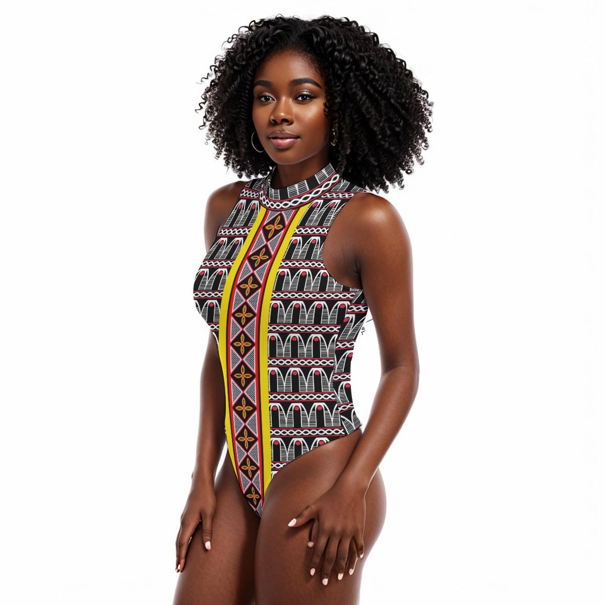Striped Toghu Print Bodysuit, African Cameroon Sleeveless Shirt
