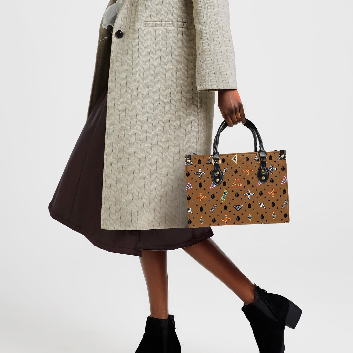 African Print Vegan Leather Tote Bag: Toghu shapes