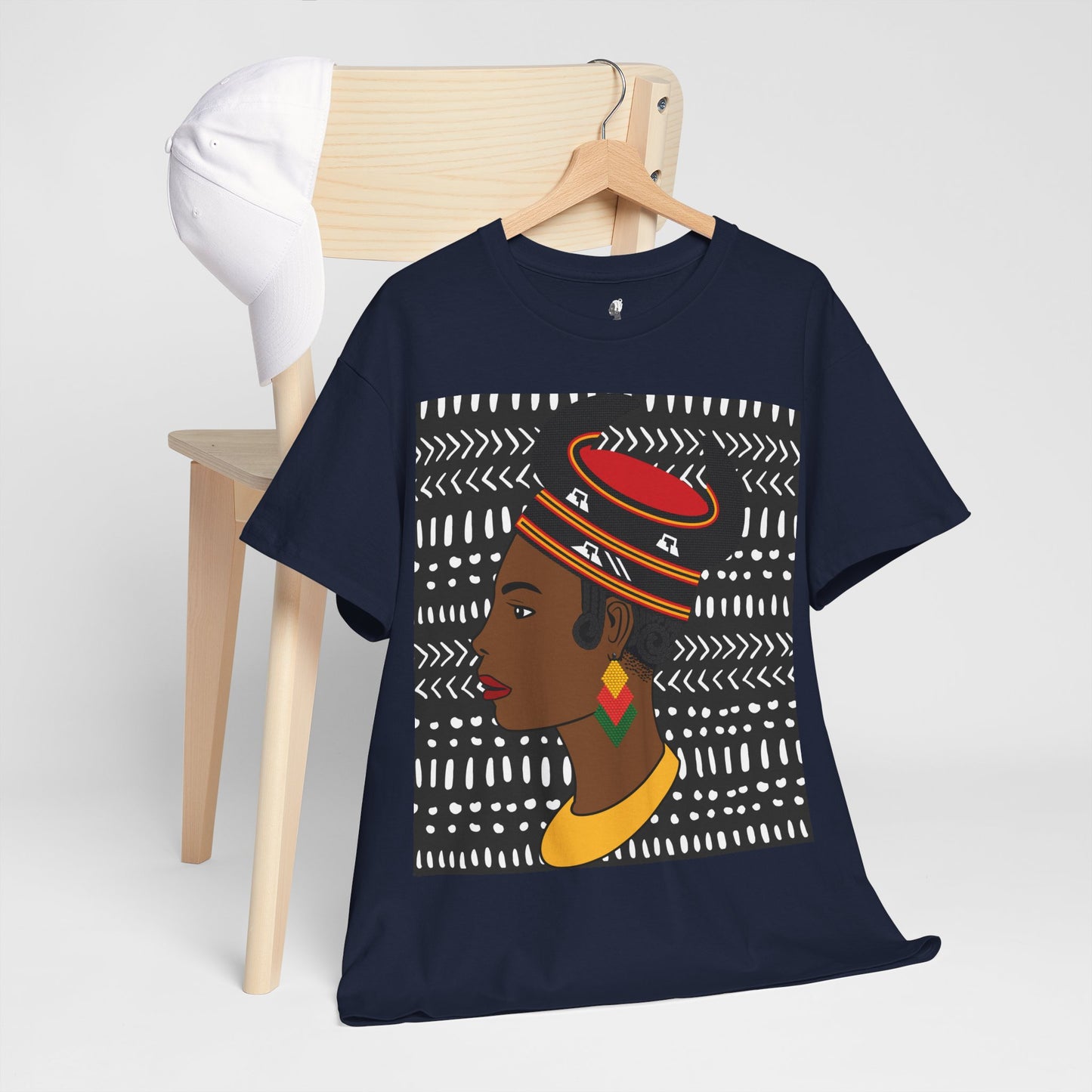 African Lady in Bamenda Bamileke Hat Unisex Tee, Ethnic Mudcloth T-Shirt, Black Boho Shirt, Festival Clothing, Afrocentric Top
