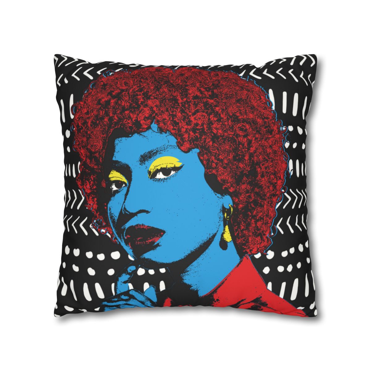 A colorful portrait of a woman with curly red hair, wearing a red top, and striking a pose against a black and white background with geometric patterns.
